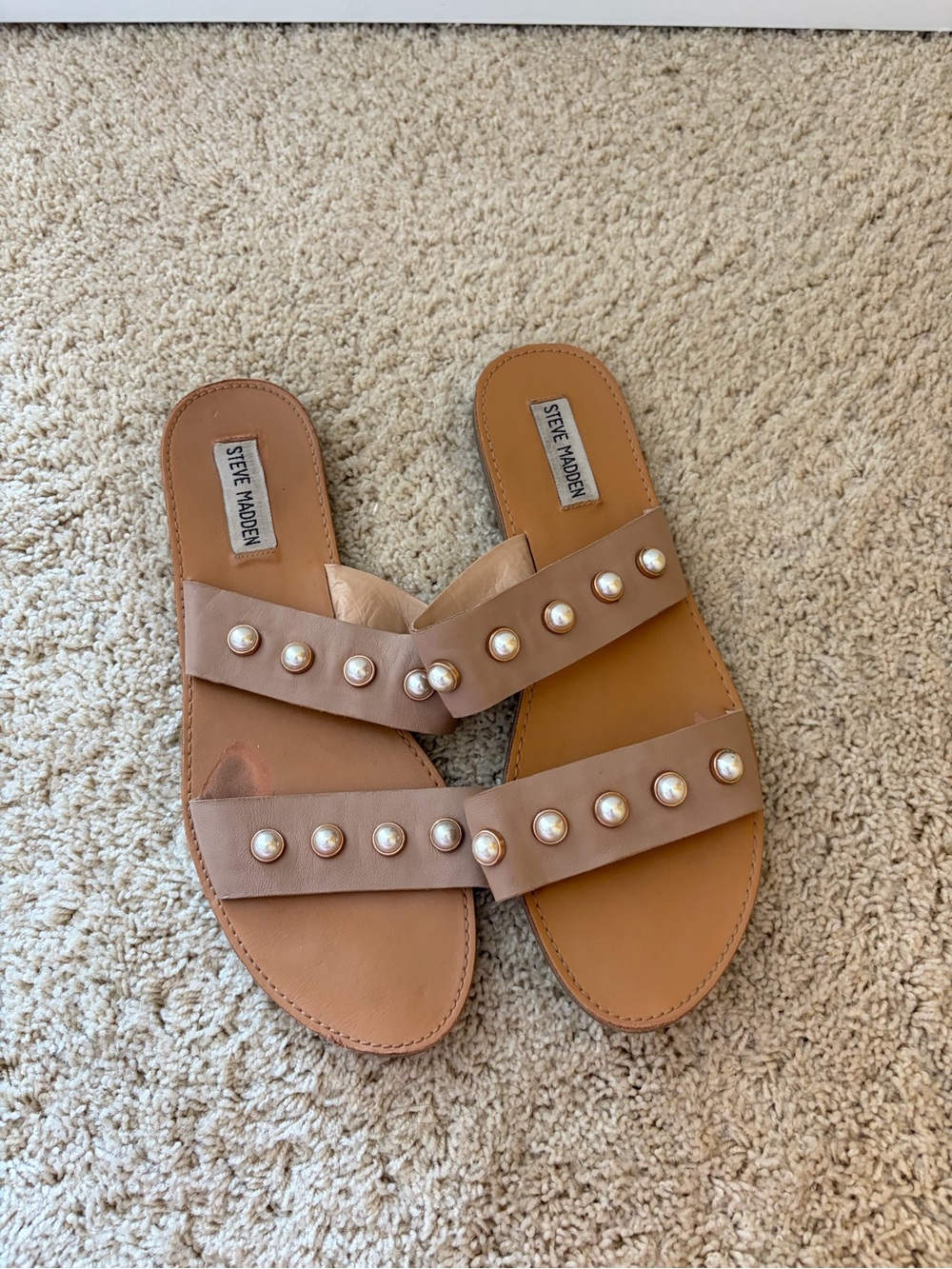 Steve Madden Tan Pearl-Studded Double Strap Slide Sandals